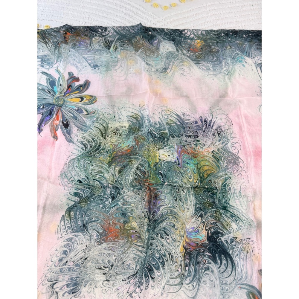 Vintage 100% Silk Scarf Hand Rolled Made in Japan Pink Green Marbled Print 31x31 - Picture 7 of 10